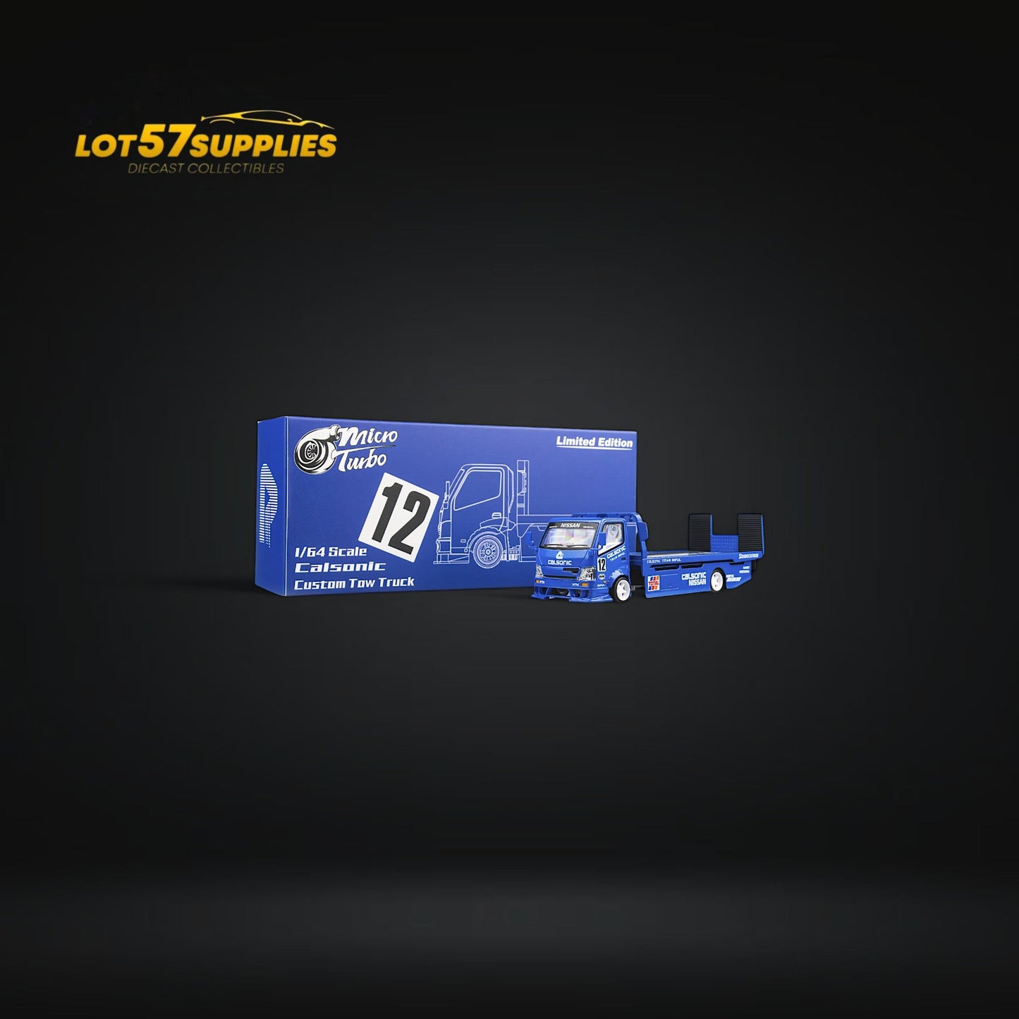 MicroTurbo HINO 300 Custom Truck Flatbed Blue Calsonic Livery 1:64