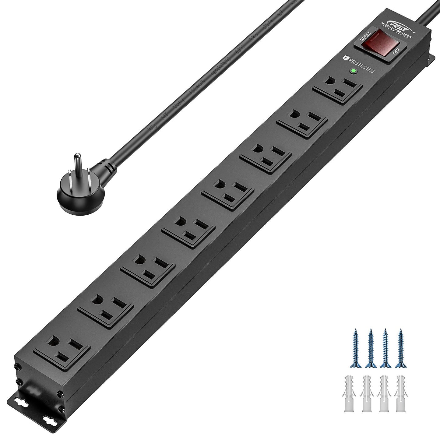 CRST 8 Outlets Wide Spaced Mountable Metal Power Strip Surge Protector 6FT Flat Plug with 2100 Joules Protection and 15Amp Circuit Breaker Included