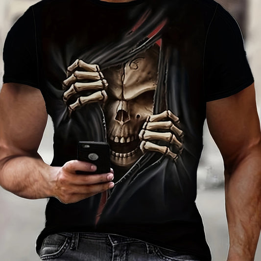 Men’s 3D Skull Printed T-Shirt – Casual Short Sleeve Summer Tee, Stretch Polyester Blend