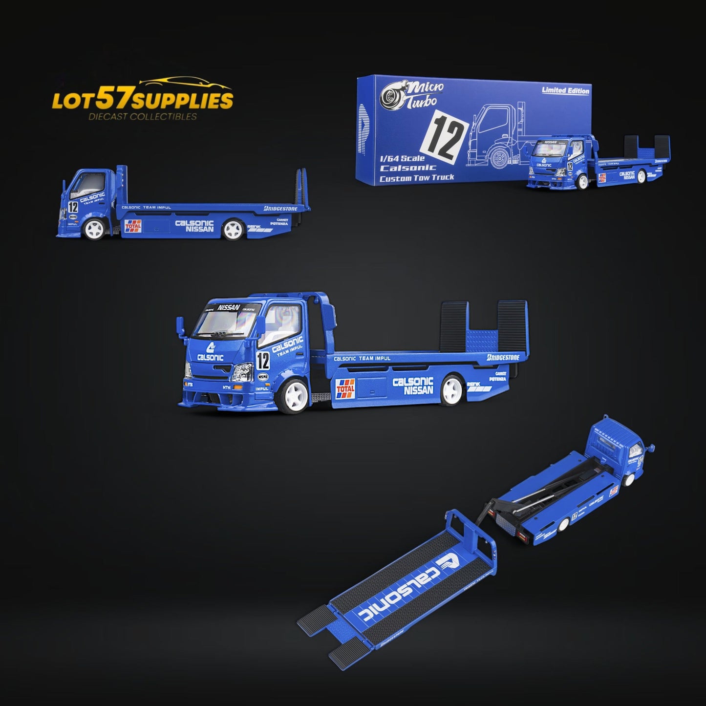 MicroTurbo HINO 300 Custom Truck Flatbed Blue Calsonic Livery 1:64