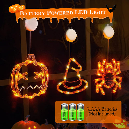 Set Of 3 Pack Halloween Window Light Spider Witch Hat Pumpkin With Orange Light Hanging Halloween Decoration Light With Suction Cup Hanging Holes