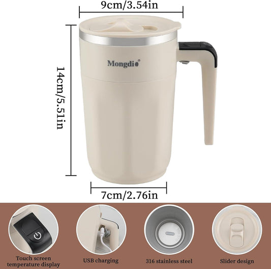 Mocha 12 Oz With Temperature Display Rechargeable Automatic Stirring Coffee Cup With Lid Suitable For Coffee Milk And Other Drinks White