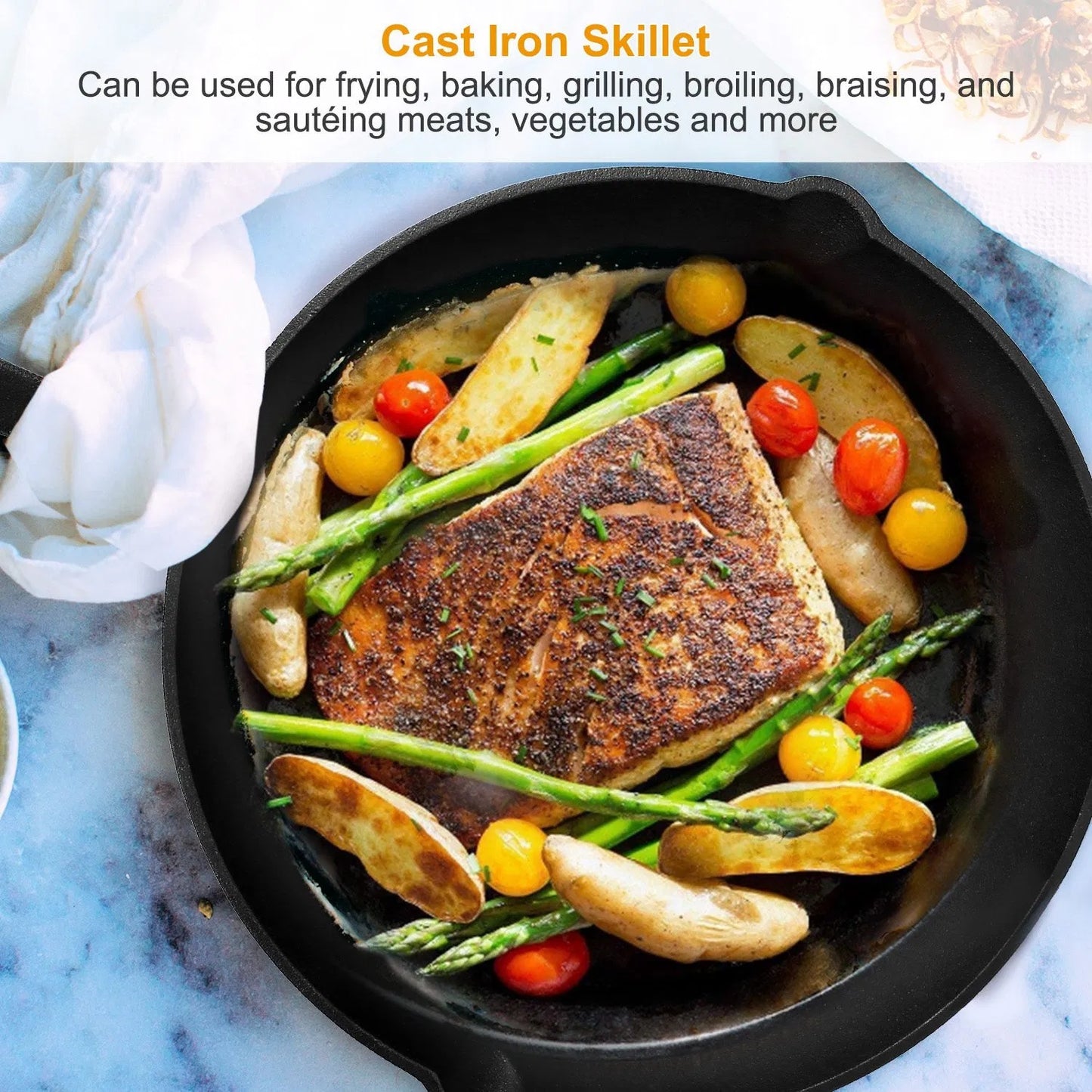 3Pcs Pre-Seasoned Cast Iron Skillet Set 6 8 10in Non-Stick Oven Safe Cookware Heat-Resistant Frying Pan