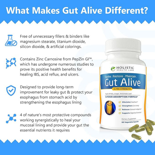 Gut Alive Restore Gut Lining – Zinc Carnosine Capsules for Leaky Gut, IBS, Heartburn, Acid Reflux & Bloating (60 Caps)