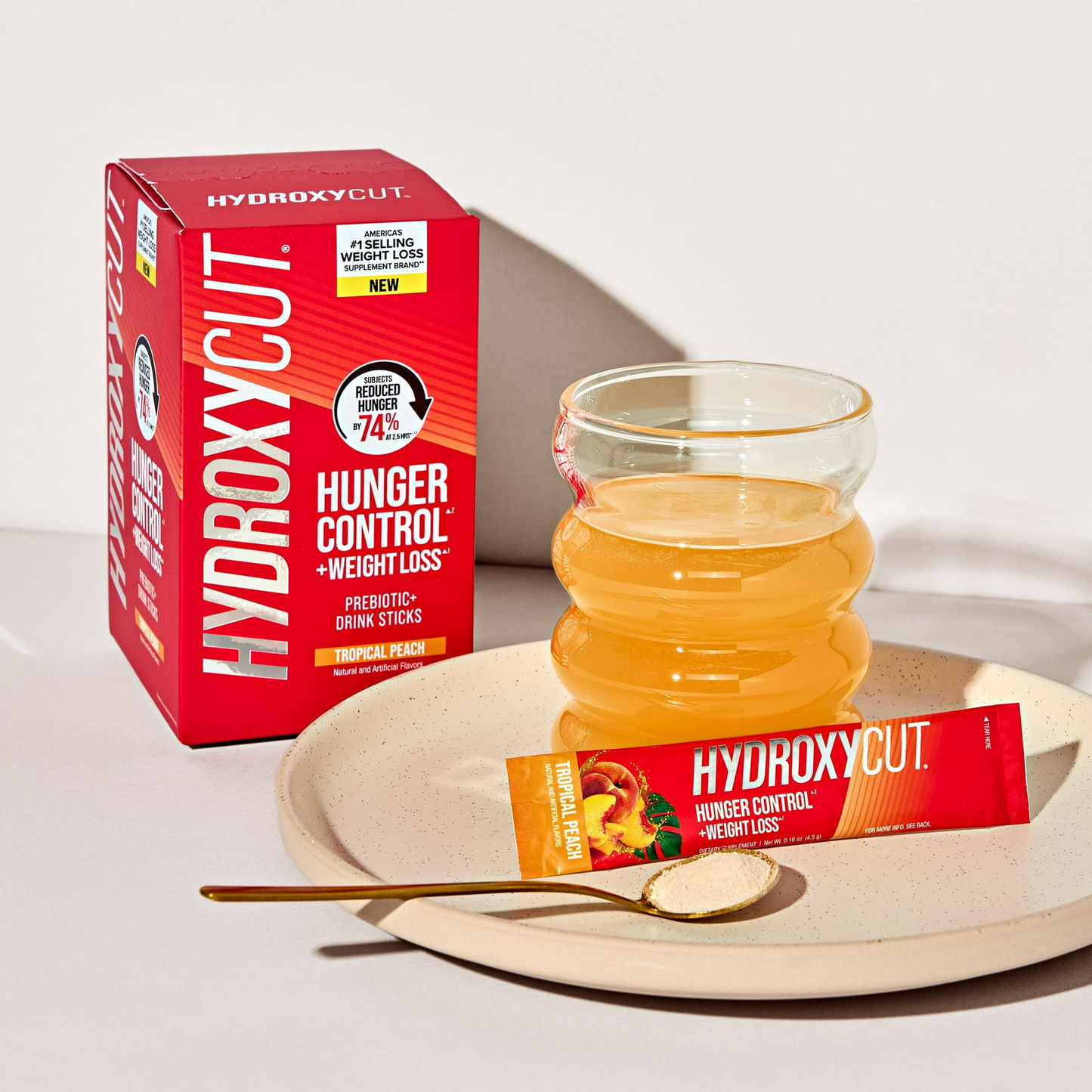 Hydroxycut Hunger Control Prebiotic Drink Sticks, Tropical Peach, 14 Ct