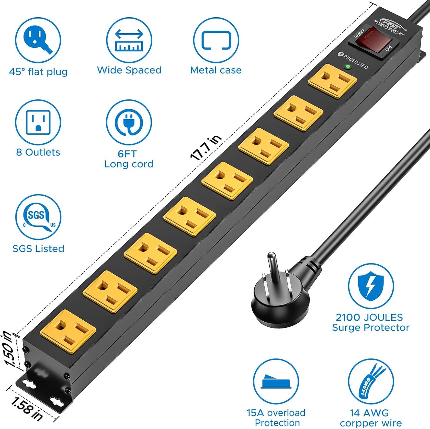 CRST 2 Pack 8 Outlet Metal Heavy Duty Power Strip 2100J Surge Protector 15A 1875W Mountable Wide Spaced Power Bar 6FT Flat Plug Extension Cord