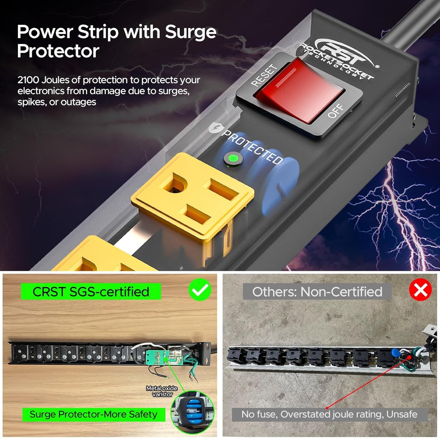 CRST 2 Pack 8 Outlet Metal Heavy Duty Power Strip 2100J Surge Protector 15A 1875W Mountable Wide Spaced Power Bar 6FT Flat Plug Extension Cord