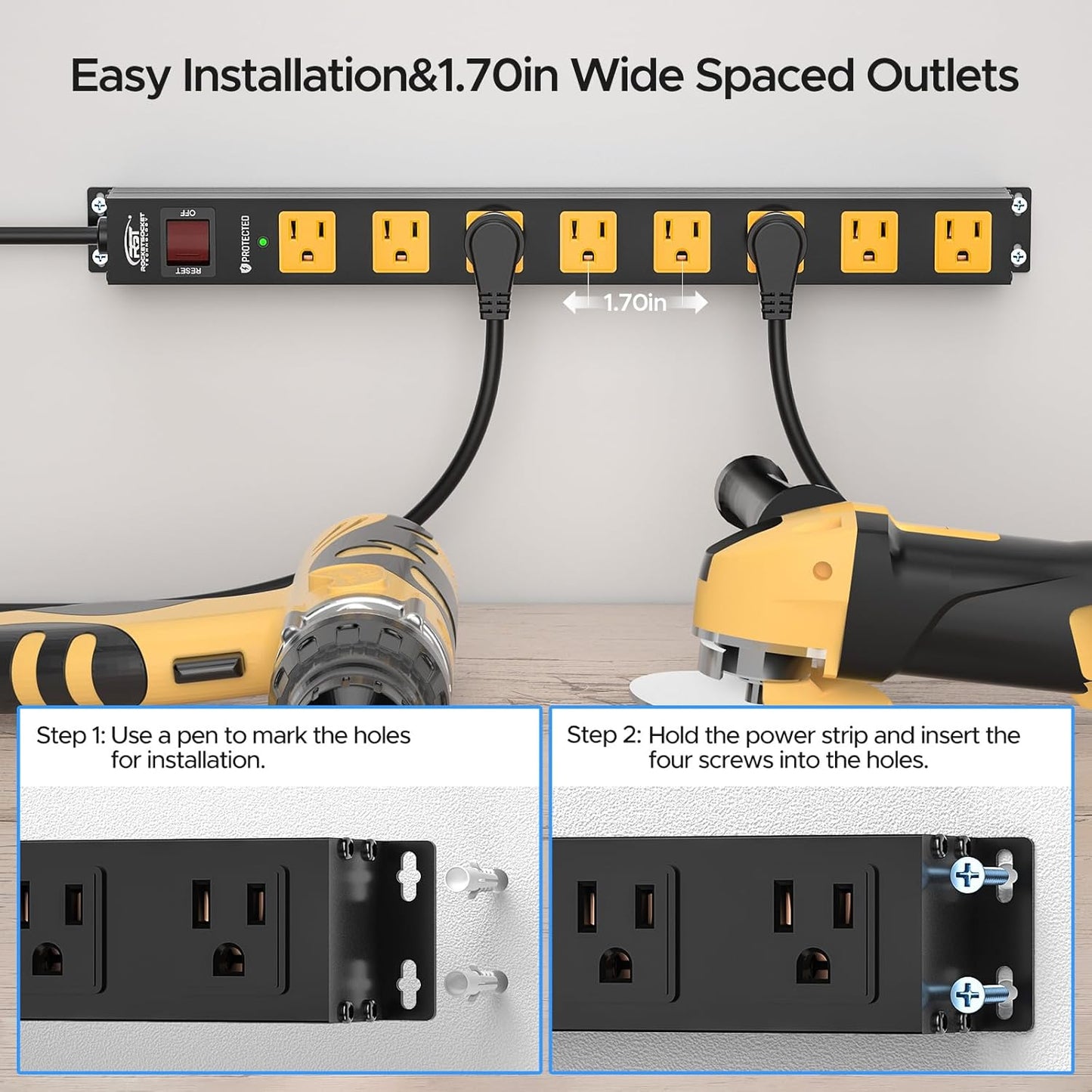 CRST 2 Pack 8 Outlet Metal Heavy Duty Power Strip 2100J Surge Protector 15A 1875W Mountable Wide Spaced Power Bar 6FT Flat Plug Extension Cord