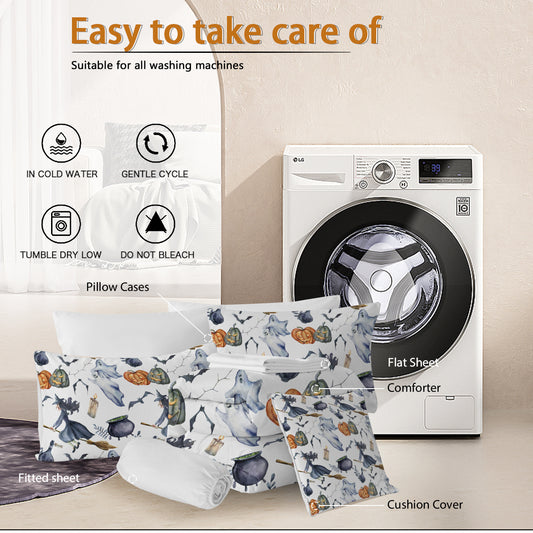 8 Pieces Halloween Comforter Set, Witch Pattern Bed In A Bag Bedding With Comforter Sheet Sham - 1 Comforter, 2 Pillow Shams, 1 Flat Sheet, 1 Fitted Sheet, 1 Cushion Cover, 2 Pillowcases