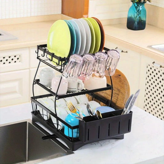 3 Tier Dish Racks For Kitchen Counter - Automatic Drainage Large Dish Drying Rack - Rust Proof Dish Drainers For Kitchen Counter