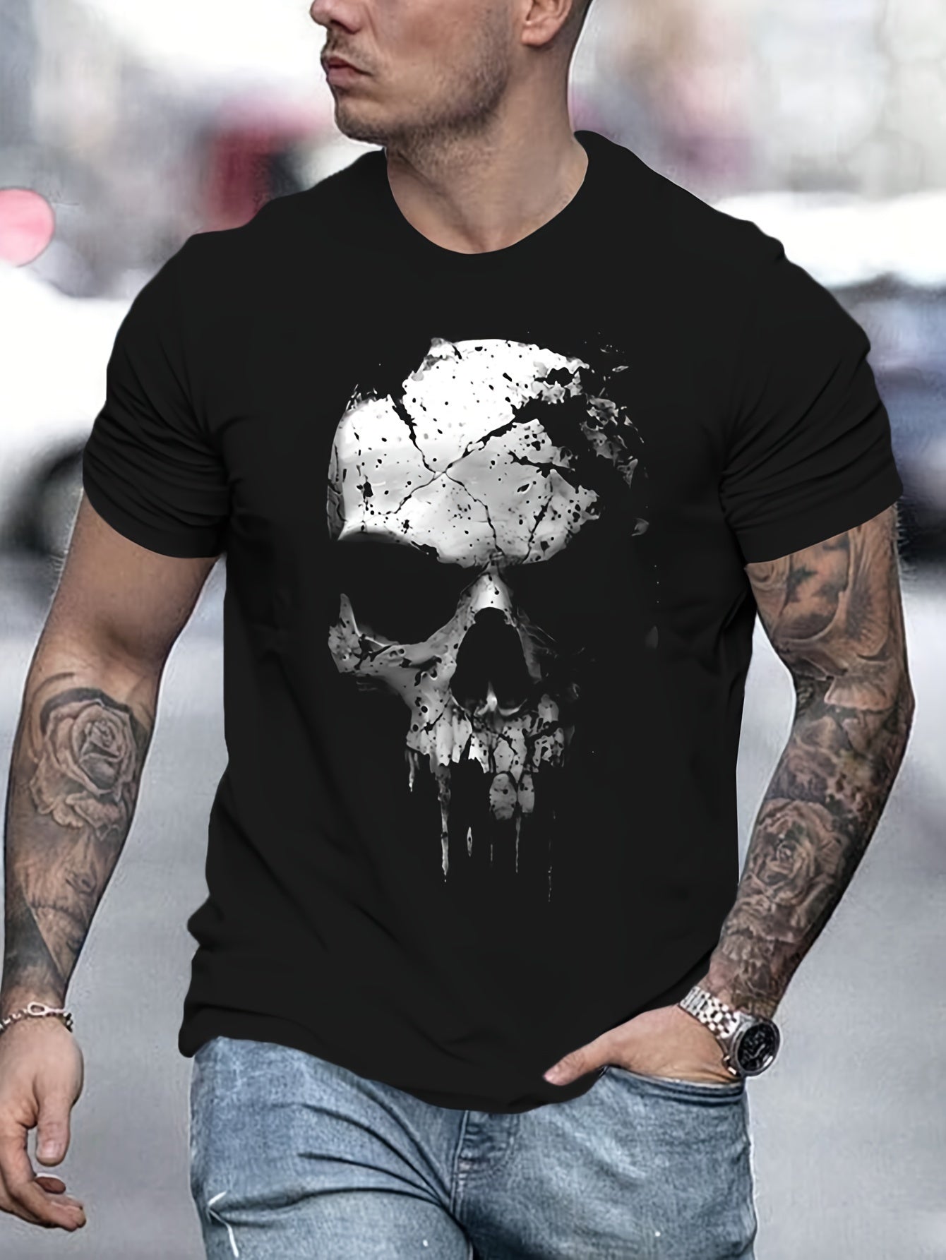 Men’s 3D Shattered Skull T-Shirt – Round Neck, Short Sleeve Summer Outdoor Top