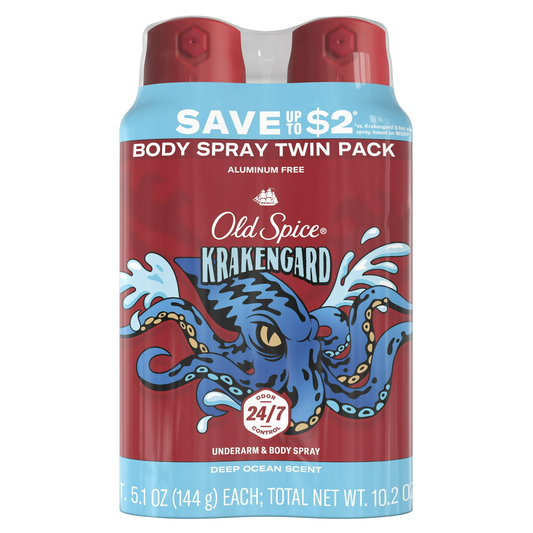 Old Spice Body Spray Krakengard for Men 2 Pack 5.1 oz Each Aluminum Free Deodorant