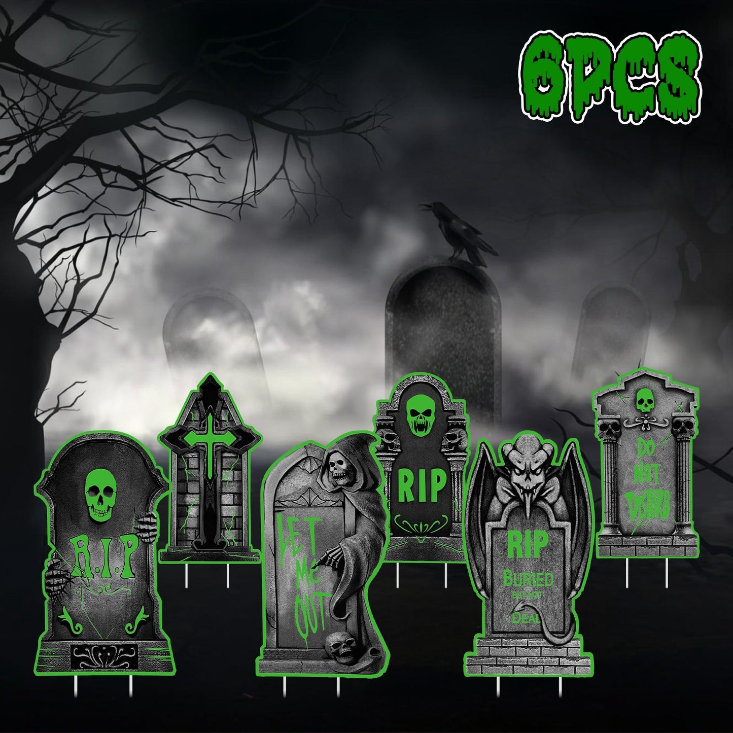 6Pcs Skull Or 6Pcs Tomb Or 5Pcs Black Cat Halloween Yard Sign Decorations Glow In The Dark For Haunted House Garden Yard And Scary Theme Party