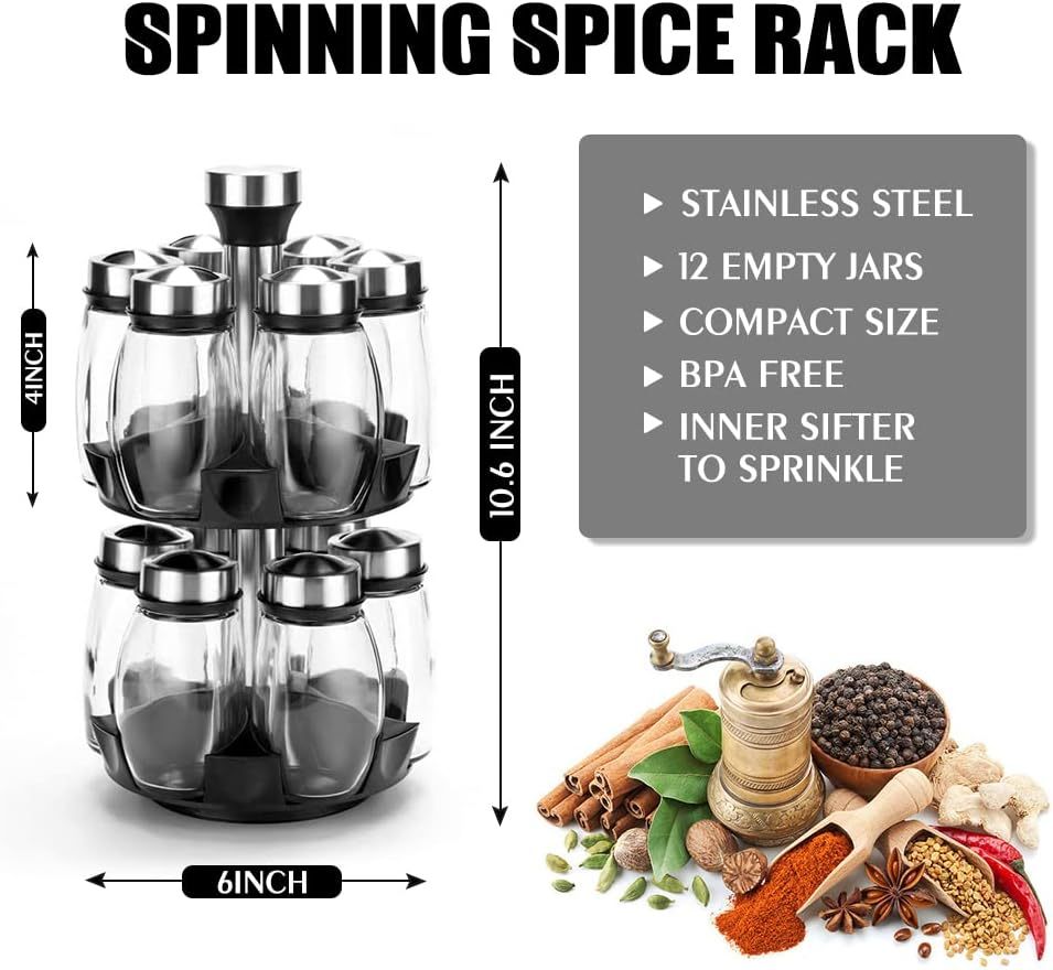 Revolving Spice Rack Organizer with 12 Empty Jars, Countertop Tower