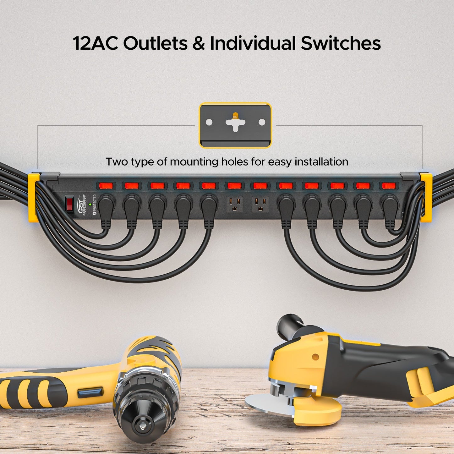 CRST 12 Outlets Individual Switches Metal Power Strip Surge Protector with Cord Holder, 9FT Flat Plug Power Cord 3years warranty