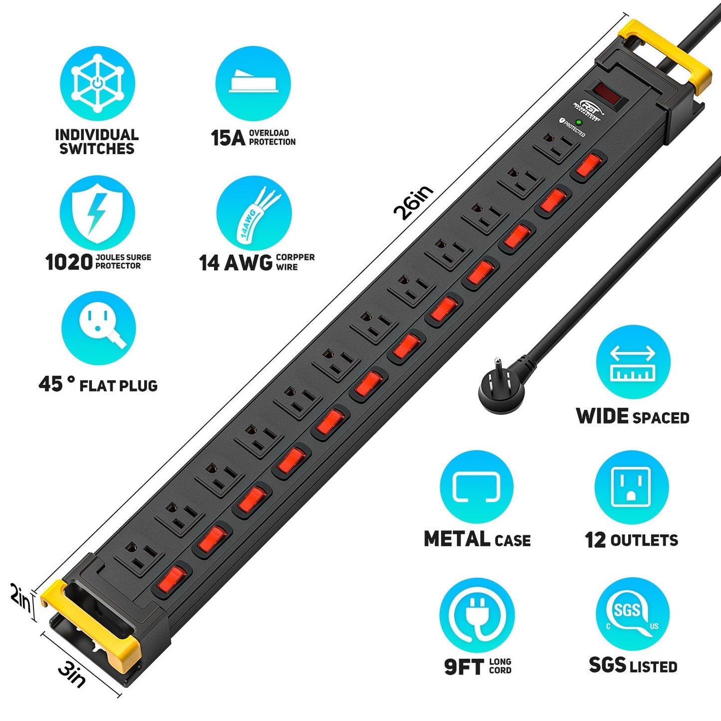 CRST 12 Outlets Individual Switches Metal Power Strip Surge Protector with Cord Holder, 9FT Flat Plug Power Cord 3years warranty
