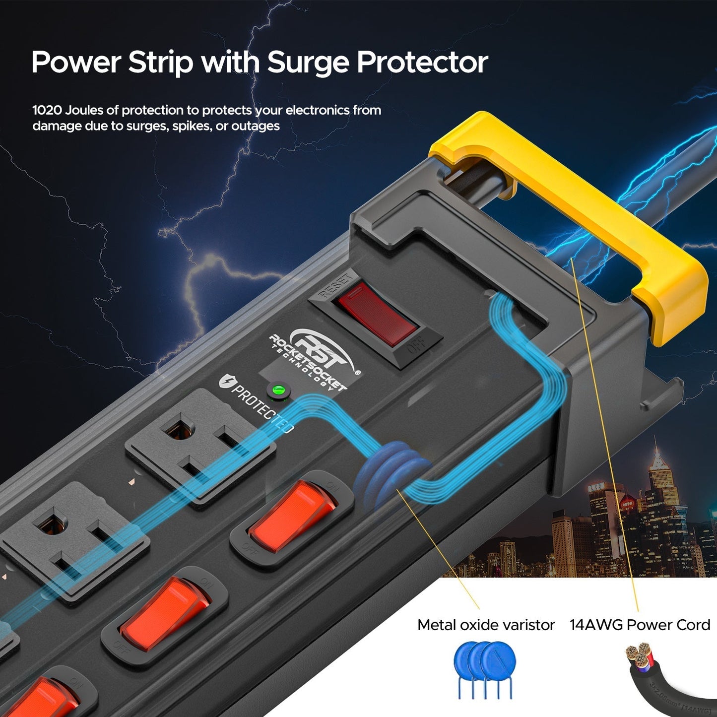 CRST 12 Outlets Individual Switches Metal Power Strip Surge Protector with Cord Holder, 9FT Flat Plug Power Cord 3years warranty