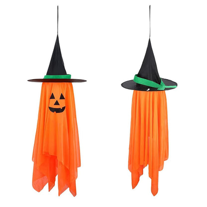 2Pcs Hanging Ghosts With Wizard Hat Snicker Scary Face Halloween Party Hanging Decorations Pumpkin Wizard Hat For Eave Tree Porch