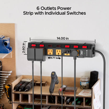 CRST 6 Outlets Individual Switches Mountable Metal Power Strip Surge Protector, 6FT Flat Plug Power Cord