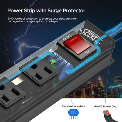 CRST 12 Outlets Wide Spaced Mountable Metal Power Strip Surge Protector, Optional 15FT or 6FT Flat Plug Power Cord