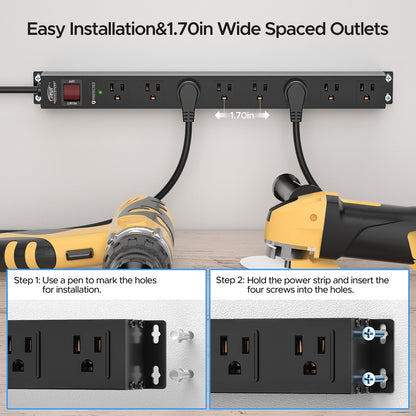 CRST 8 Outlets Wide Spaced Mountable Metal Power Strip Surge Protector 6FT Flat Plug with 2100 Joules Protection and 15Amp Circuit Breaker Included
