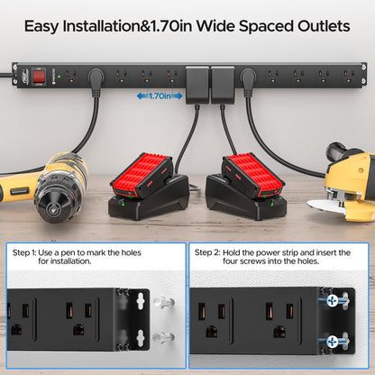 CRST 12 Outlets Wide Spaced Mountable Metal Power Strip Surge Protector, Optional 15FT or 6FT Flat Plug Power Cord