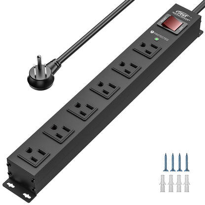 CRST 6 Outlets Wide Spaced Mountable Metal Power Strip Surge Protector, 6FT Flat Plug Power Cord, Mounting Kits Included