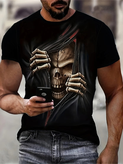 Men’s 3D Skull Printed T-Shirt – Casual Short Sleeve Summer Tee, Stretch Polyester Blend
