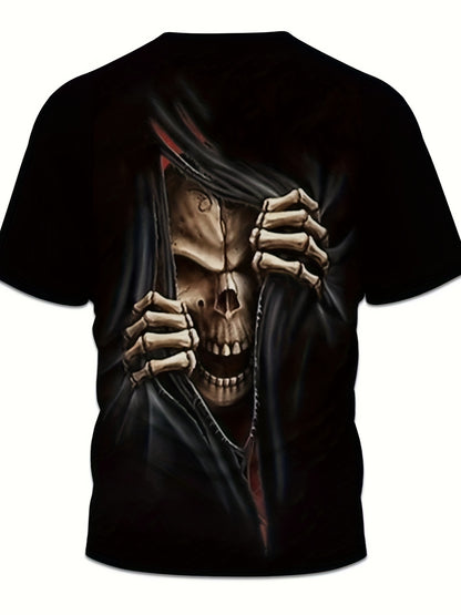 Men’s 3D Skull Printed T-Shirt – Casual Short Sleeve Summer Tee, Stretch Polyester Blend