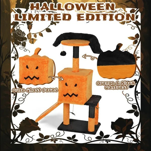 39.4 Halloween Cat Tree, Cat Tower Cat Tree For Indoor Cats With Spacious Cat Condo, Sisal Scratching Posts, Hanging Toys, Orange  Black