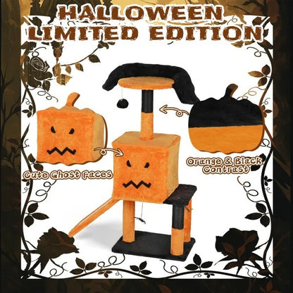 39.4 Halloween Cat Tree, Cat Tower Cat Tree For Indoor Cats With Spacious Cat Condo, Sisal Scratching Posts, Hanging Toys, Orange  Black
