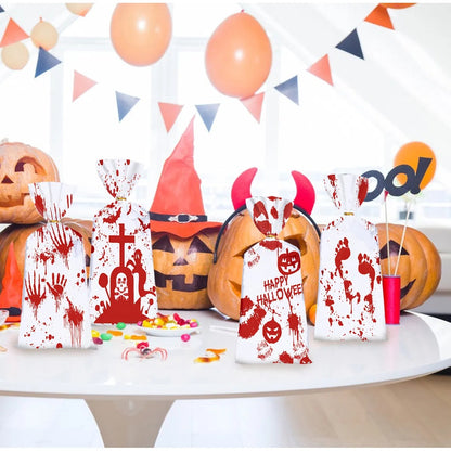50Pcs Halloween Cellophane Candy Bags With Twist Ties Horrific Bloody Treat Bags 4 Pattern Gift Goody Snack Sweet Bags For Halloween Murder Theme Party Snacks Cookies Gift Wrapping Supplies