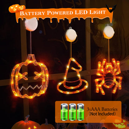 Set Of 3 Pack Halloween Window Light Spider Witch Hat Pumpkin With Orange Light Hanging Halloween Decoration Light With Suction Cup Hanging Holes