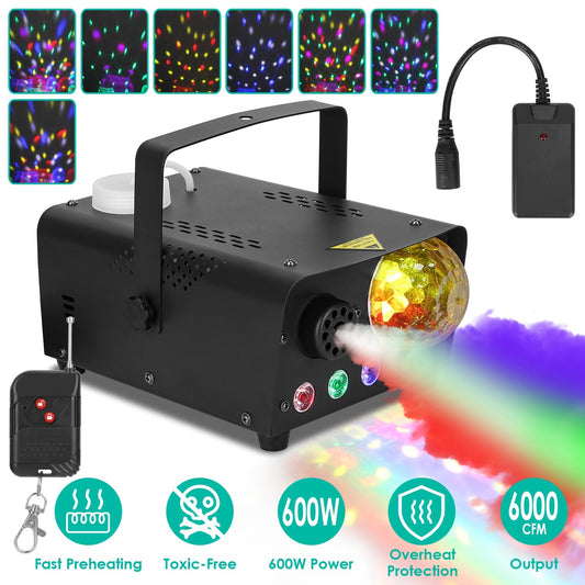 1Pc Fog Machine With Disco Ball RGB Lights 600W 6000CFM Smoke Machine With 8 Colorful Lighting Effects Wireless Remote Control For Party Wedding Stage Halloween Christmas