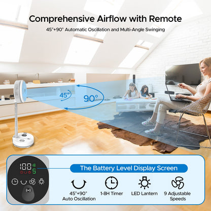 Neofeel Portable Oscillating Standing Fan, 40000mAh Rechargeable Battery Operated Fan with Remote/Timer, RGB Lighting Fan, Pedestal Floor Fan for Bedroom Party Camping (White, 40000mAh)