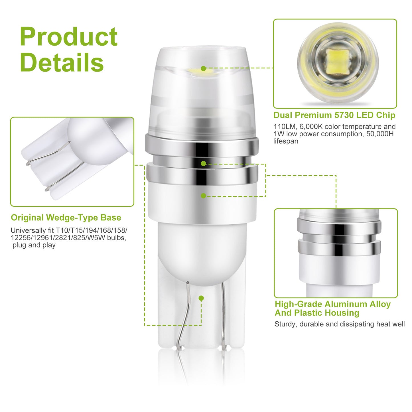10PCS T10 LED Bulbs 194 LED Lights 12V 1W 5730 Xenon White Wedge Base LED Replacement Bulbs For License Plate Parking Position Interior Lights