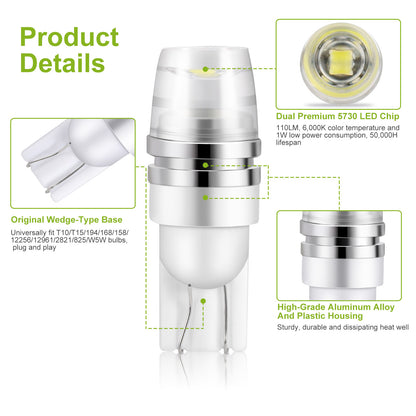 10PCS T10 LED Bulbs 194 LED Lights 12V 1W 5730 Xenon White Wedge Base LED Replacement Bulbs For License Plate Parking Position Interior Lights