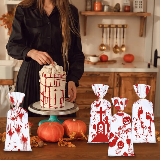 50Pcs Halloween Cellophane Candy Bags With Twist Ties Horrific Bloody Treat Bags 4 Pattern Gift Goody Snack Sweet Bags For Halloween Murder Theme Party Snacks Cookies Gift Wrapping Supplies