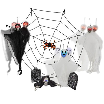 Outdoor Halloween Decorations 8-Piece Set, Hanging Ghosts Decor And Cobweb And Gravestone With Lighted Up Eyes, Scary Swinging Ghost Flying For Yard Patio Lawn Garden