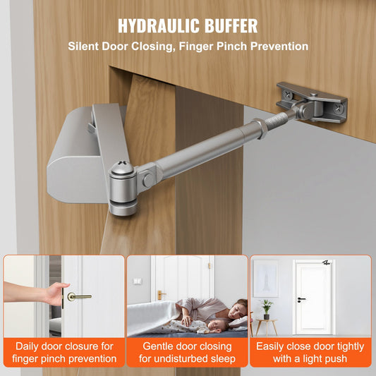 VEVOR Door Closer, Automatic Door Closer Commercial Or Residential Use For Door Weights 100 Lbs, Adjustable Size Hydraulic Buffer Door Closers Heavy Duty Cast Aluminum Body, Easy Install, Silver
