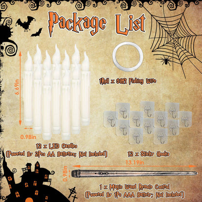 12Pcs Flameless Floating Candles LED Magic Hanging Candle Light Battery Operated Flickering Warm Light Window Candle With Magic Wand Remote For Halloween Christmas Party