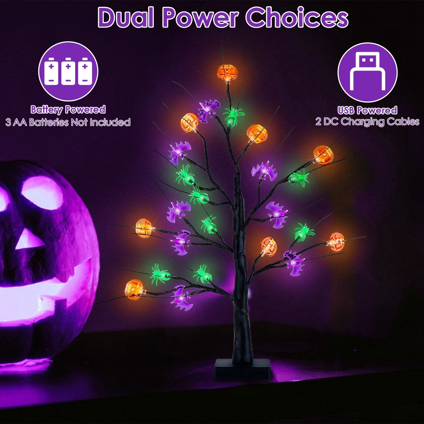 2Pack 1.97FT Lighted Halloween Trees Halloween Indoor Decorations Black Halloween Tree Lights With Timer Adjustable Twigs For Tabletop Party