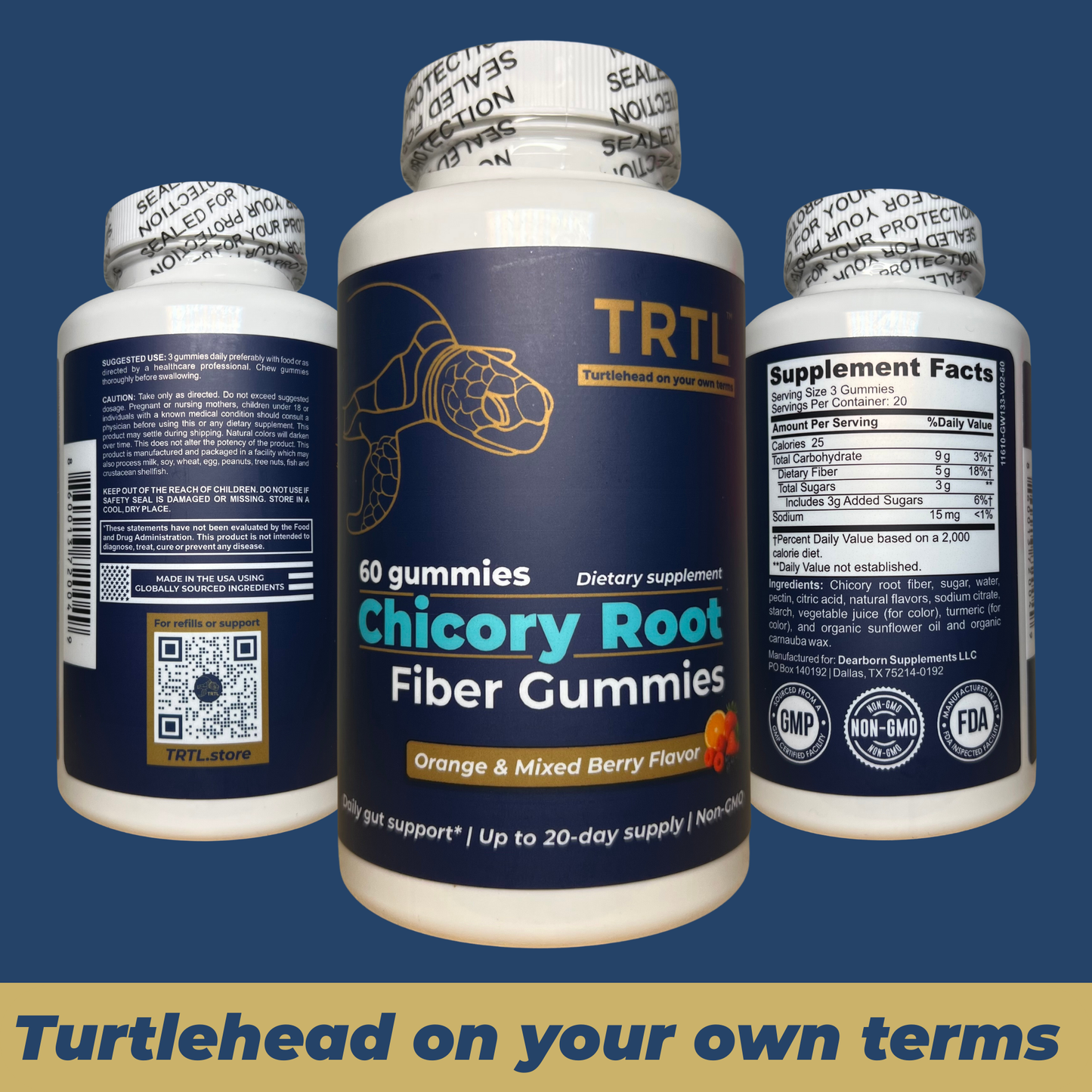 TRTL Fiber Gummies - 60 Count - Daily Prebiotic Fiber Supplement - Orange & Mixed Berry Flavor