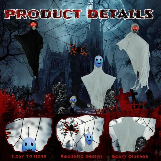 Outdoor Halloween Decorations 8-Piece Set, Hanging Ghosts Decor And Cobweb And Gravestone With Lighted Up Eyes, Scary Swinging Ghost Flying For Yard Patio Lawn Garden