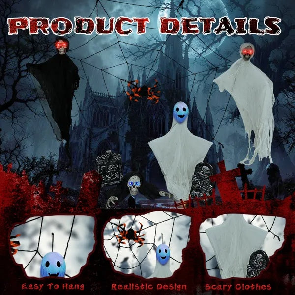Outdoor Halloween Decorations 8-Piece Set, Hanging Ghosts Decor And Cobweb And Gravestone With Lighted Up Eyes, Scary Swinging Ghost Flying For Yard Patio Lawn Garden