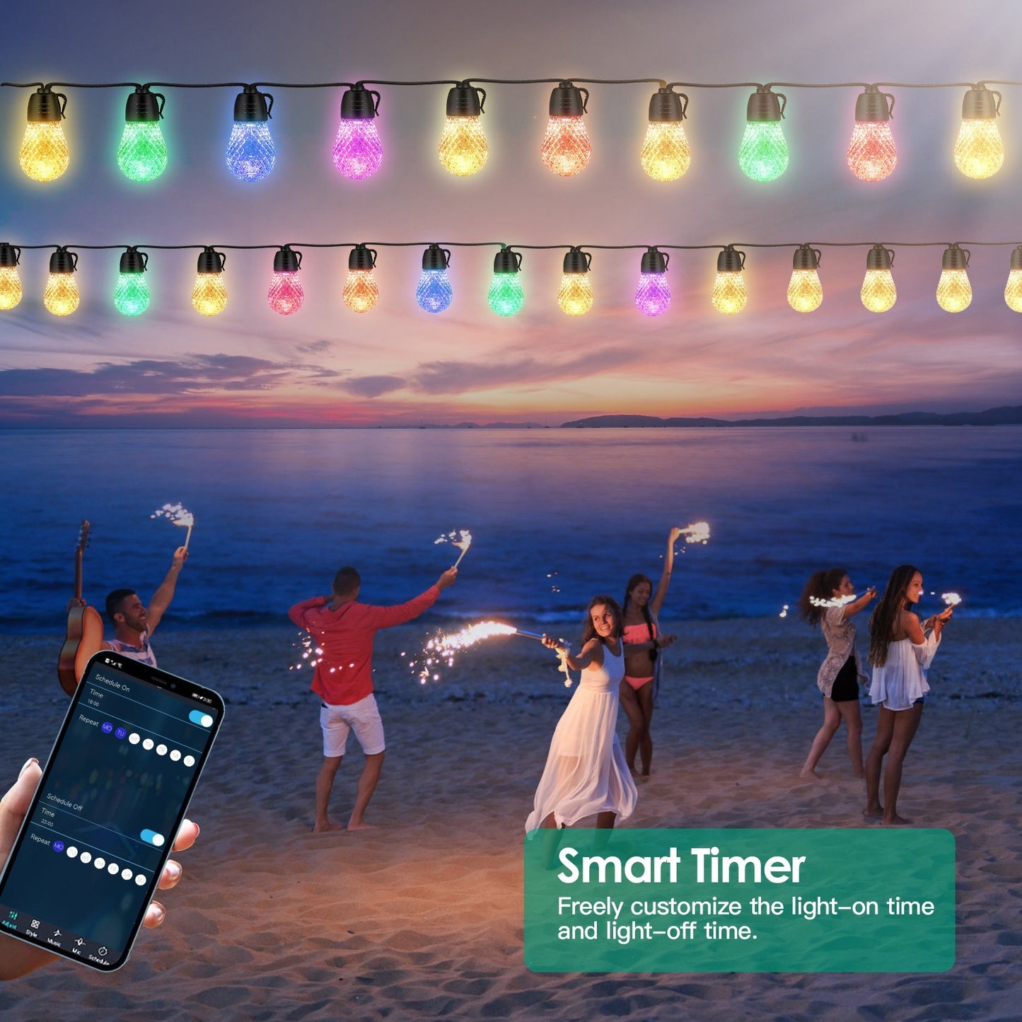 52.5FT Colorful Outdoor String Lights Smart RGB LED Patio Lights IP66 Waterproof Dimmable Hanging Light Bulbs With APP Remote Control 15 Bulbs