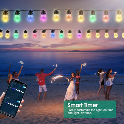 52.5FT Colorful Outdoor String Lights Smart RGB LED Patio Lights IP66 Waterproof Dimmable Hanging Light Bulbs With APP Remote Control 15 Bulbs