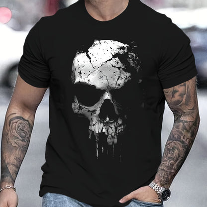 Men’s 3D Shattered Skull T-Shirt – Round Neck, Short Sleeve Summer Outdoor Top