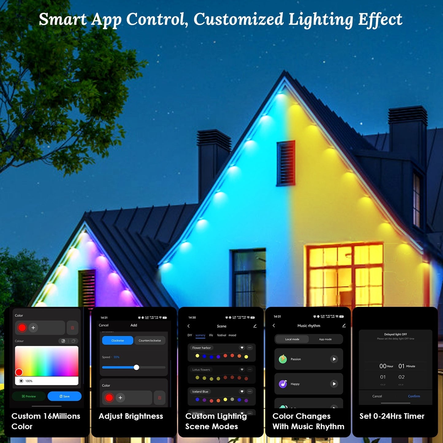 101FT Length Permanent Outdoor Lights With 72Pcs RGB Beads IP67 Waterproof Smart Eave Light For Halloween Christmas Daily House Lighting Works With Alexa Google Assistant