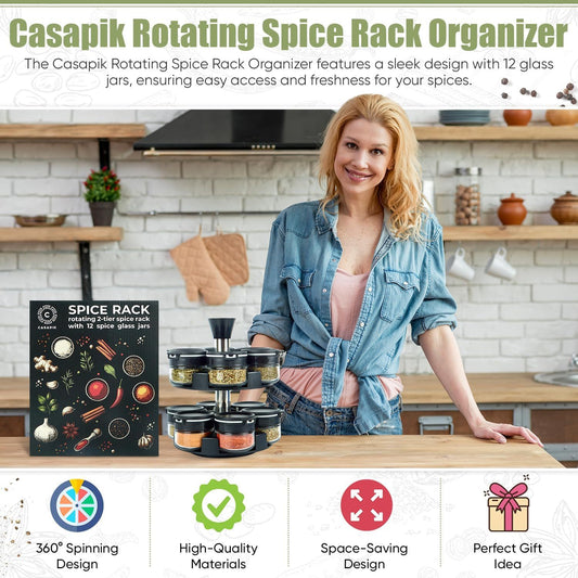 Revolving Spice Rack Organizer with 12 Empty Jars, Countertop Tower